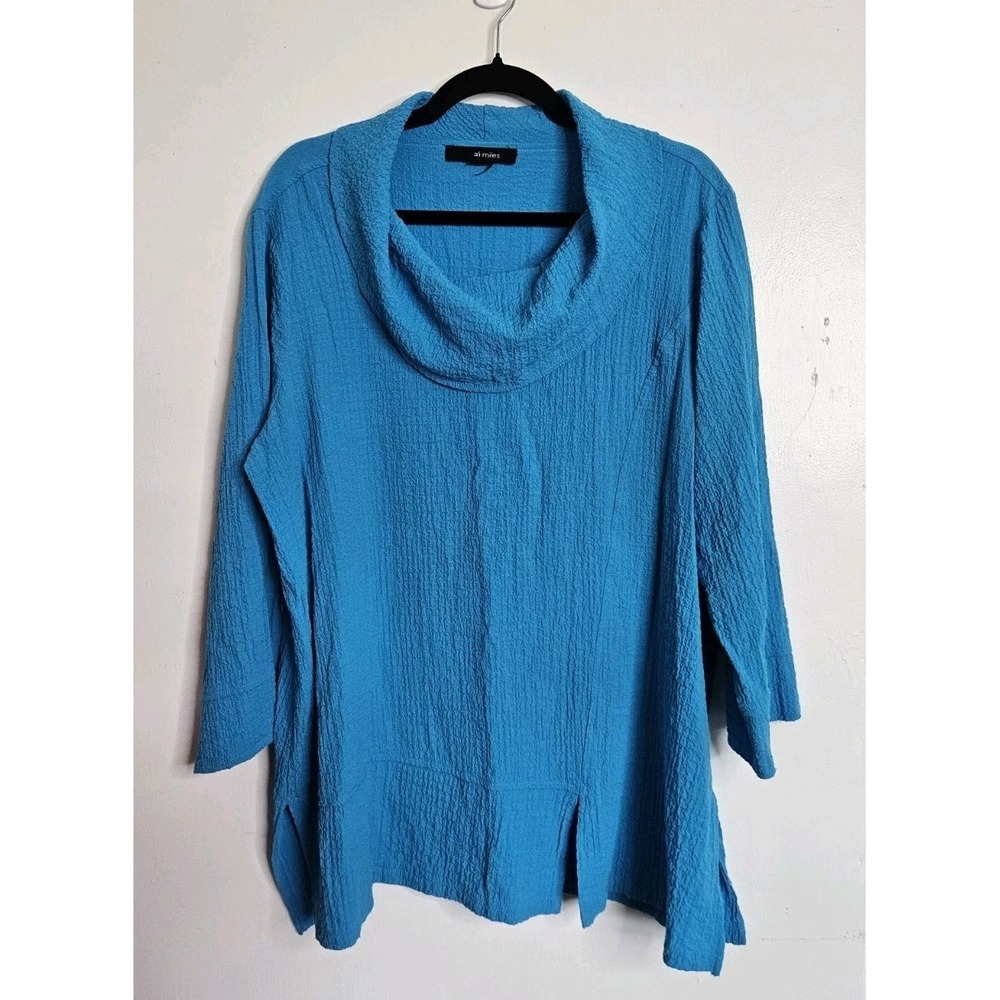 Ali Miles Shirt Women's Aqua Blue Tunic XL Lagenlook Crinkle Cowl Neck Top